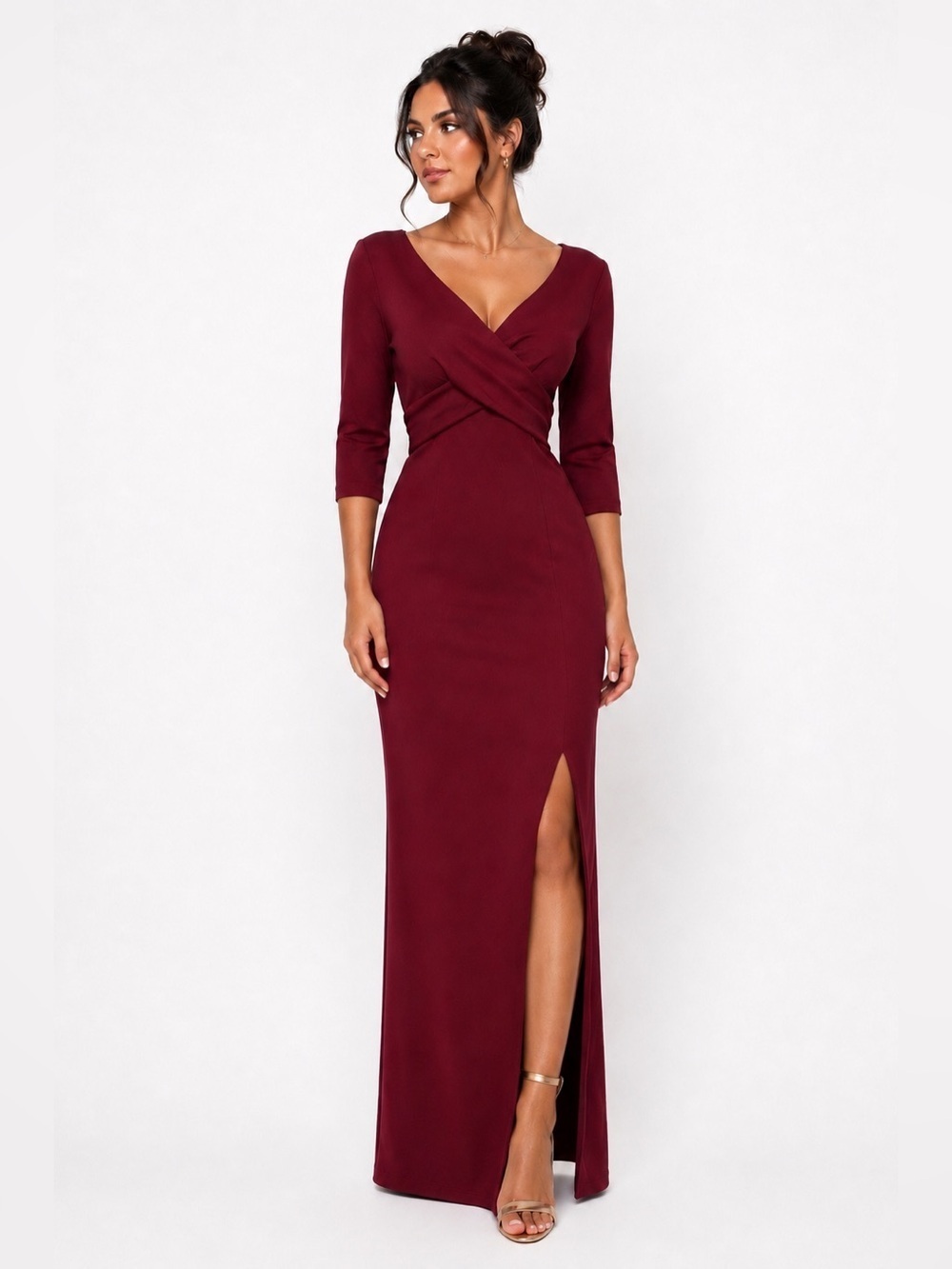 NWT After Six 6814 V-Neck 3/4 Sleeve Full Length Crepe Formal Gown Burgundy XXS